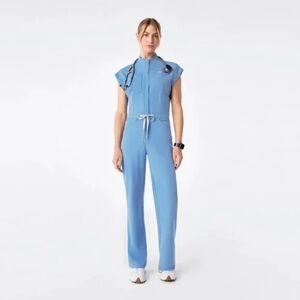 Figs Rafaela Cargo Wide Leg ScrubJumpsuit Ciel Blue Size Small